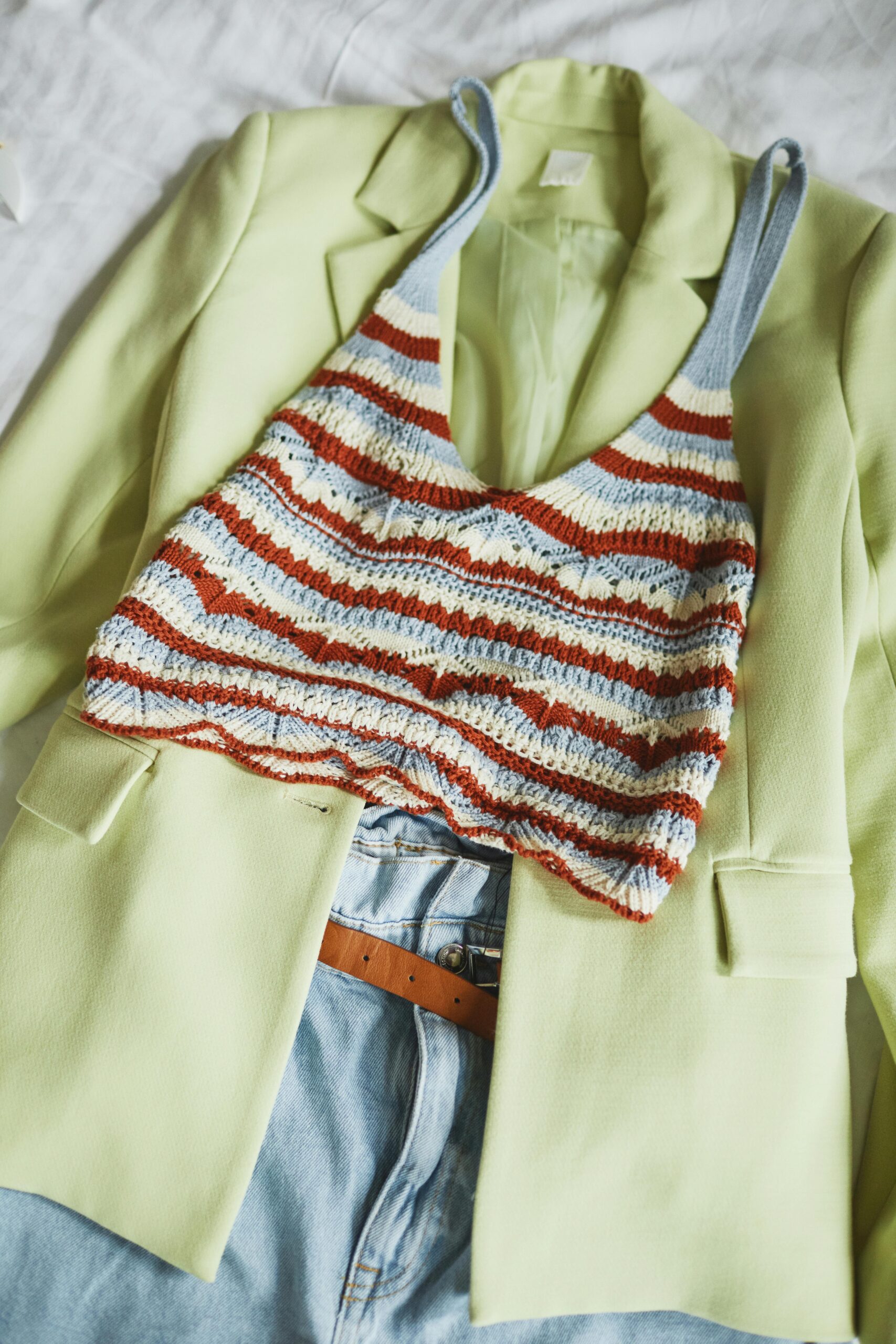 striped tank top and green blazer midlife style